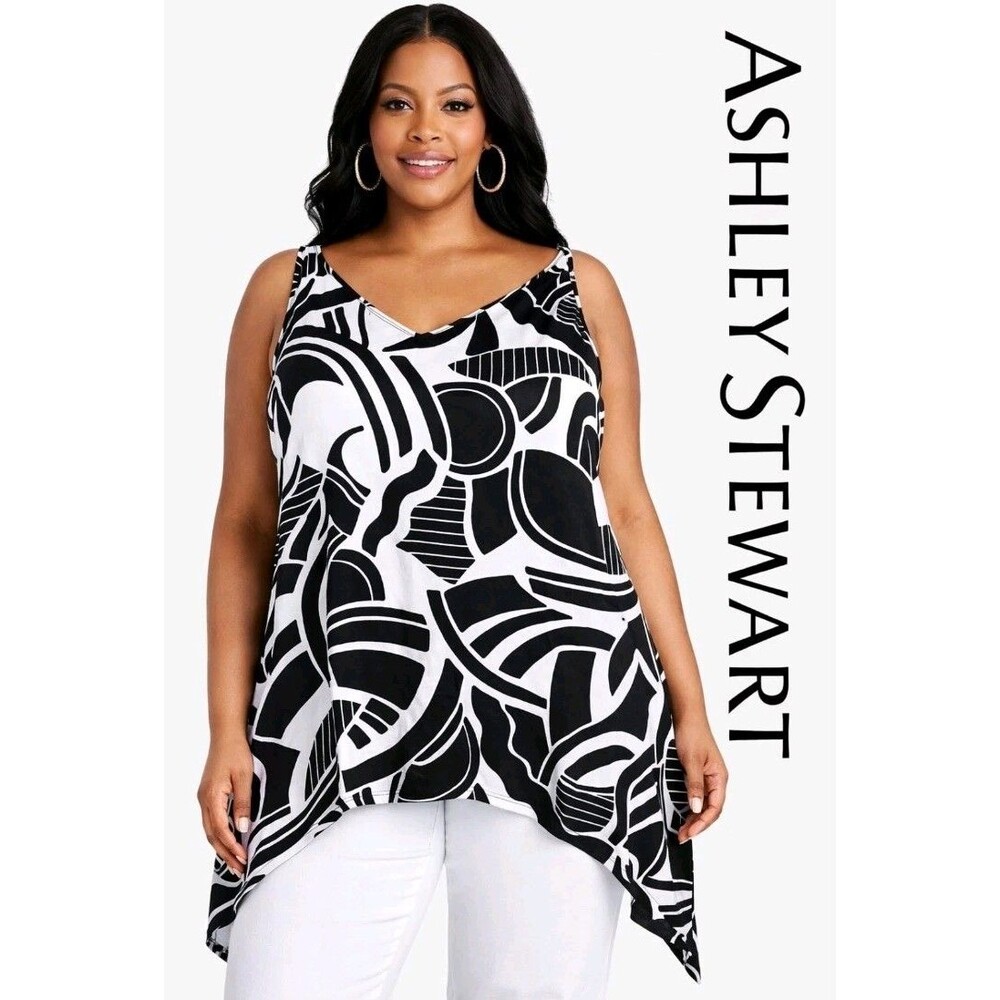 ASHLEY STEWART Womens 18/20W Sharkbite Semi-Sheer Polyester Black White Tank Top